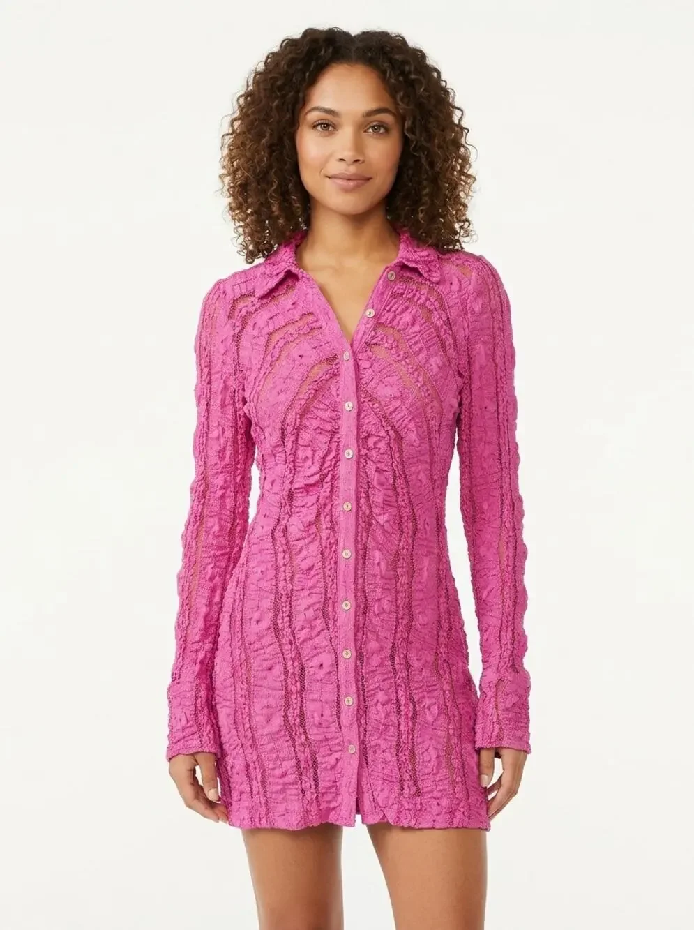 Free People Metal Pink Collared Mini Ruffle Knit Dress Women Size S